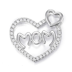Brass Micro Clear Cubic Zirconia Pendants, Long-Lasting Plated, for Mother's Day, Heart with Word Mom, Real Platinum Plated, 21.3x21.8x4.3mm, Hole: 4.5x5mm(ZIRC-F120-045P)