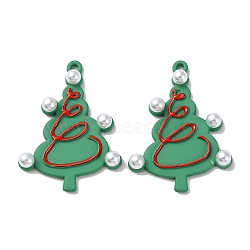 Spray Painted Alloy Pendants, with ABS Plastic Imitation Pearl Beads, Christmas Tree, Medium Aquamarine, 30.5x23x2~4.5mm, Hole: 1.4mm(PALLOY-M215-13A-01)