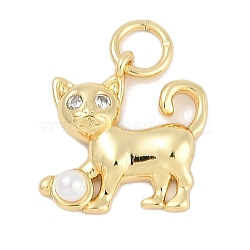 Rack Plating Brass Pendants, Cat Shape Charms, with Cubic Zirconia and ABS Imitation Pearl, Long-Lasting Plated, Lead Free & Cadmium Free, with Jump Ring, Real 18K Gold Plated, 12.5x13x3.5mm, Hole: 3mm(KK-Q028-58G)