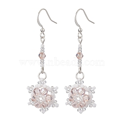 Glass Seed Beaded Dangle Earrings, with Brass Earring Hooks, Snowflake, Pink, 51x18mm(EJEW-MZ00171-02)