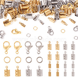 304 Stainless Steel Folding Crimp Ends, with Jump Rings, Lobster Claw Clasps, Golden & Stainless Steel Color, 150pcs/box(STAS-TA0001-35)