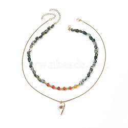 Necklaces Sets for Women, include Natural Moss Agate & Carnelian Beads Necklaces, Evil Eye Cubic Zirconia Pendant Necklaces, with 304 Stainless Steel Venetian Chains/Box Chains, 15.55~18.5 inch(39.5~47cm), 2pcs/set(NJEW-JN04127)