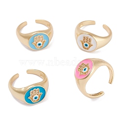 Brass Clear Cubic Zirconia Open Rings, Long-Lasting Plated, with Enamel, Real 18K Gold Plated, Flat Round with Palm & Evil Eye, Mixed Color, 3~12.8mm, Inner Diameter: 18.1mm(RJEW-B034-22)