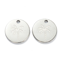 Non-Tarnish 304 Stainless Steel Charms, Flat Round with Coconut Tree, Stainless Steel Color, 11.5x1mm, Hole: 1.5mm(STAS-P280-10P)