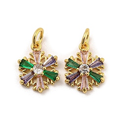 Brass Micro Pave Colorful Cubic Zirconia Pendants, Flower, Real 18K Gold Plated, 13x9.5x3x2.5mm, Hole: 5mm(KK-G490-24G)