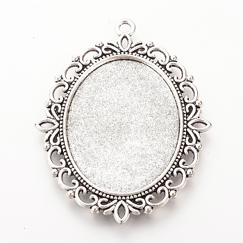 Tibetan Style Alloy Big Pendant Cabochon Settings, Double-sided Tray, Cadmium Free & Lead Free, Oval, Antique Silver, Tray: 30x40mm, 61x47x3mm, Hole: 2.5mm
