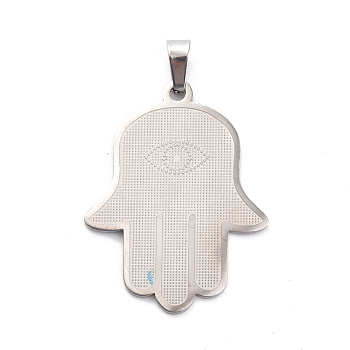 304 Stainless Steel Pendants, Hamsa Hand/Hand of Miriam Charm, Stainless Steel Color, 37.5x29x1mm, Hole: 7x3.5mm