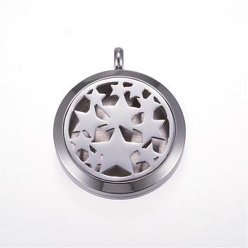 304 Stainless Steel Diffuser Locket Pendants, with Magnetic Clasp, Flat Round with Star, Stainless Steel Color, 36.5x30x8mm, Hole: 5mm