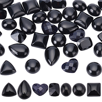 PANDAHALL ELITE 42Pcs 7 Style Natural & Synthetic Gemstone Cabochons, Faceted, Oval & Teardrop & Triangle & Heart & Half Round & Rectangle & Square, Black, 6pcs/style