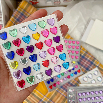 Plastic Rhinestone Self-Adhesive Stickers, Waterproof Bling Faceted Heart Crystal Decals for Party Decorative Presents, Kid's Art Craft, Colorful, 75x75mm