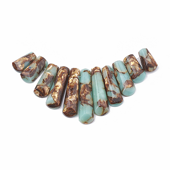 Assembled Bronzite and Synthetic Aqua Terra Jasper Beads Strands, Graduated Fan Pendants, Focal Beads, 15~39.5x9~10x5~6mm, Hole: 1.2mm, 11pcs/set, 3.93 inch/strand