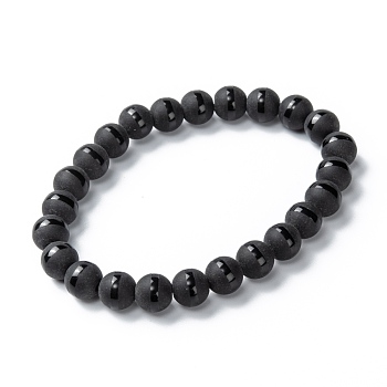 Frosted Glass Beads Stretch Bracelets, Round with Circle Pattern, Black, Beads: 8mm, Inner Diameter: 2 inch(5cm)