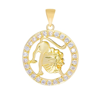 Brass Micro Pave Cubic Zirconia Pendants, Flat Round with Constellation Charm, Real 18K Gold Plated, Leo, 16mm