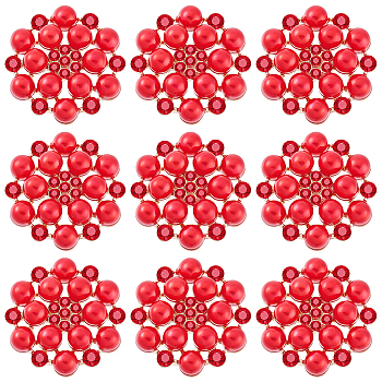 20pcs Alloy Rhinestone Cabochons, with Plastic Imitation Peals, Flower, Golden, Red, 27.5x28x9mm