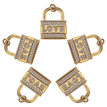 5Pcs Brass Micro Pave Clear Cubic Zirconia Pendants, Long-Lasting Plated, Lock with Word Love, Real 18K Gold Plated, 20x16x3.5mm, Hole: 3.4mm