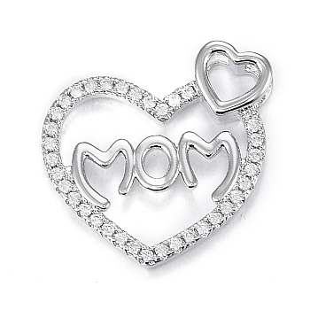 Brass Micro Clear Cubic Zirconia Pendants, Long-Lasting Plated, for Mother's Day, Heart with Word Mom, Real Platinum Plated, 21.3x21.8x4.3mm, Hole: 4.5x5mm