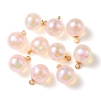 10Pcs UV Plating Acrylic Pendants, with Light Gold Tone Brass Findings, Round Charm, Misty Rose, 13.5x9.5mm, Hole: 1.6mm