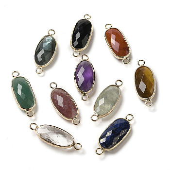 Natural Mixed Gemstone Faceted Connector Charms, Brass Oval Links, Light Gold, 29.5x11x6mm, Hole: 2.5mm