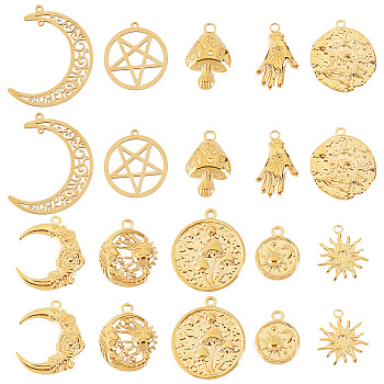 20PCS 304 Stainless Steel Pendants, Flat Round with Sun & Moon, Golden, 18~40x15~34x1.5~4mm, Hole: 1.4~2mm, 2pcs/style
