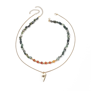 Necklaces Sets for Women, include Natural Moss Agate & Carnelian Beads Necklaces, Evil Eye Cubic Zirconia Pendant Necklaces, with 304 Stainless Steel Venetian Chains/Box Chains, 15.55~18.5 inch(39.5~47cm), 2pcs/set