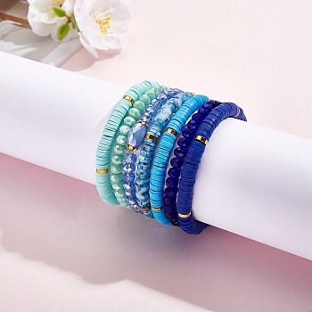 7Pcs 7 Style Handmade Polymer Clay Heishi Surfer Stretch Bracelets Set, Glass Beads Stackable Bracelets, Preppy Jewelry for Women, Blue, Inner Diameter: 2-1/8 inch(5.3cm), 1Pc/style