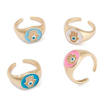 Brass Clear Cubic Zirconia Open Rings, Long-Lasting Plated, with Enamel, Real 18K Gold Plated, Flat Round with Palm & Evil Eye, Mixed Color, 3~12.8mm, Inner Diameter: 18.1mm