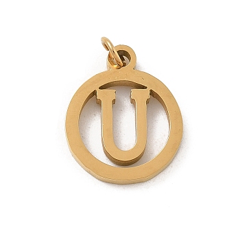 304 Stainless Steel Charms
with Jump Ring, Golden, Ring with Letter Charm, Letter U, 14.5x12x1.5mm, Hole: 3mm