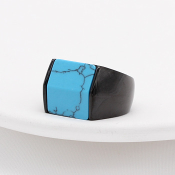 Rectangle Synthetic Turquoise Finger Ring, Electrophoresis Black Titanium Steel Jewelry, Electrophoresis Black, US Size 12 1/4(21.5mm)