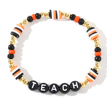 Adjustable Halloween Punk Style TEACH Polymer Clay & Brass Stretch Beaded Bracelets in Black, White and Orange, Colorful, 6-7/8 inch(17.5cm)