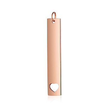 201 Stainless Steel Pendants, Manual Polishing, Rectangle with Heart, Rose Gold, 40x7x1.5mm, Hole: 3mm