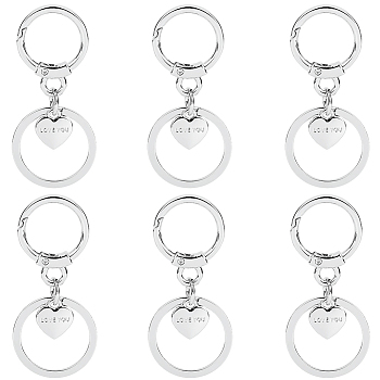 6Pcs Alloy Keychain Clasps, with Heart Charms, Platinum, 26mm