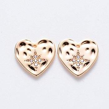 Brass Micro Pave Cubic Zirconia Charms, Nickel Free, Heart, Real 18K Gold Plated, Clear, 12x12x1.5mm, Hole: 0.9mm