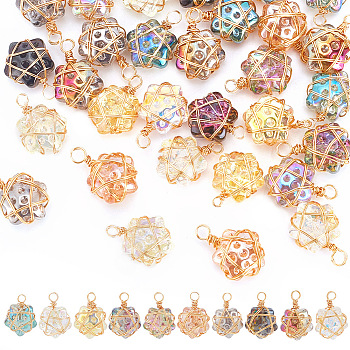 40Pcs 10 Color Glass Pendants, with Golden Copper Wire Wrapped, Star Charms, Mixed Color, 21x15mm, Hole: 3mm, 4Pcs/color