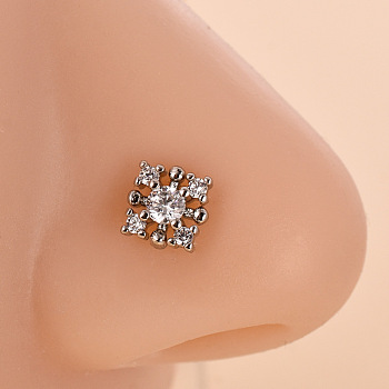 316L Surgical Stainless Steel Clear Cubic Zirconia L-Shaped Nose Rings, Stainless Steel Color, Flower, 7mm, Pin: 0.8mm