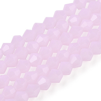 Imitation Jade Glass Beads Strands, Faceted, Bicone, Pink, 4.5x4mm, Hole: 1mm, about 82~85pcs/strand, 30.5~31cm