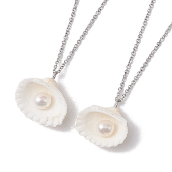 Natural Clam Shell & Imitation Pearl Pendant Necklaces, 304 Stainless Steel Cable Chain Necklaces, Stainless Steel Color, 16.14 inch(41cm)