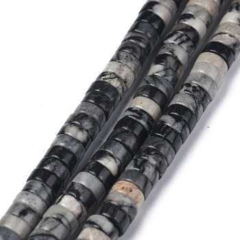 Natural Black Silk Stone/Netstone Beads Strands, Heishi Beads, Flat Round/Disc, 6x3mm, Hole: 1mm, about 119~131pcs/strand, 14.76~15.74 inch(37.5~40cm)