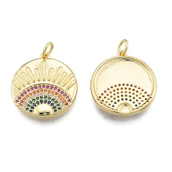 Brass Micro Pave Colorful Cubic Zirconia Pendants, with Jump Rings, Flat Round, Real 18K Gold Plated, 21x19x3mm, Hole: 3mm