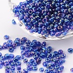6/0 Round Glass Seed Beads, Transparent Colours Rainbow, Round, Blue, 4mm, hole: 1.5mm, about 1600pcs/bag(SEED-OL0002-02-4mm-13)