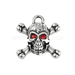 316 Surgical Stainless Steel Micro Pave Cubic Zirconia Pendants, Antique Silver, Skull Charm, Red, 16x16x6mm, Hole: 2.3mm(STAS-G349-40AS)
