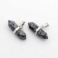 Natural & Snowflake Obsidian Double Terminated Pointed Pendants, with Platinum Plated Brass Findings, Bullet, 15.5x30~35x8~9mm, Hole: 5x7.5mm(G-F177-13)