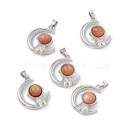 Natural Sunstone Pendants, Moon with Spaceman Charms, with Platinum Tone Brass Findings, 26x20x8.5mm, Hole: 3.5x5mm(KK-A173-18P-03)