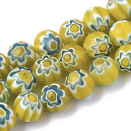 Handmade Millefiori Lampwork Beads Strands, Round, Yellow, 8mm, Hole: 1.2mm, about 48pcs/strand, 14.17 inch(36cm)(LAMP-R143-01G)