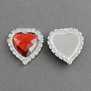 Shining Flat Back Faceted Heart Acrylic Rhinestone Cabochons, with Grade A Crystal Rhinestones and Brass Cabochon Settings, Red, 22x22x5mm(RB-R011-07)