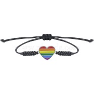 Rainbow Heart Alloy Enamel Handmade Braided Cord Bracelets, Adjustable Friendship Bracelets for Women, Black(MP0834-1)