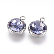 Glass Rhinestone Charms, with 304 Stainless Steel Findings, Faceted, Flat Round, Stainless Steel Color, Purple Velvet, 14x10x7mm, Hole: 2.5mm(STAS-G082-14)