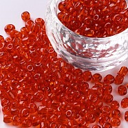 Glass Seed Beads, Transparent, Round, Red, 6/0, 4mm, Hole: 1.5mm, about 1000pcs/100g(X1-SEED-A004-4mm-5)