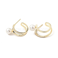 Clear Cubic Zirconia C-shape Stud Earrings with Acrylic Pearl, Brass Half Hoop Earrings for Women, Cadmium Free & Nickel Free & Lead Free, Real 18K Gold Plated, 16.5x22x11mm, Pin: 0.7mm(EJEW-G297-04G)