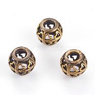 Brass Beads, Hollow, Round with Heart, Brushed Antique Bronze, 11.5x9mm, Hole: 5mm(KK-K176-21AB)