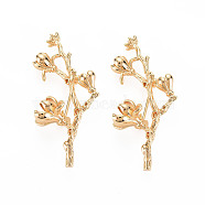 Brass Brooch Findings, For Half Drilled Beads, Leafy Branches, Nickel Free, Real 18K Gold Plated, 45x20x15mm, Pin: 0.8mm, Pin: 0.9mm(for Half Drilled Bead)(KK-N232-281)